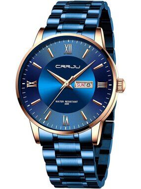 Mens Blue Rose Gold Luxury Stainless Steel Chronograph Analog Quartz Round Watch